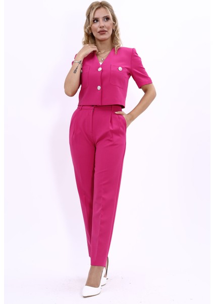 Kısa Kollu Yakasız Mini Ceket & Pileli Boru Paça Pantolon Takım-Fuşya
