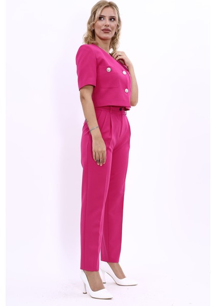 Kısa Kollu Yakasız Mini Ceket & Pileli Boru Paça Pantolon Takım-Fuşya modelleri