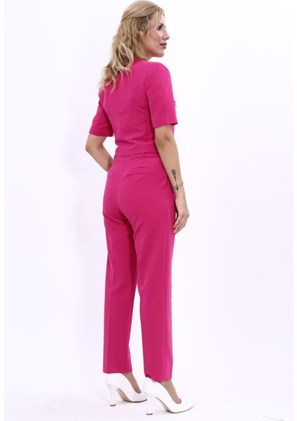 Kısa Kollu Yakasız Mini Ceket & Pileli Boru Paça Pantolon Takım-Fuşya fırsatları