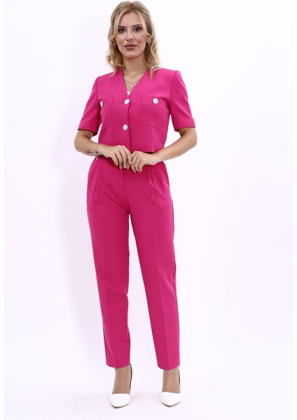 Kısa Kollu Yakasız Mini Ceket & Pileli Boru Paça Pantolon Takım-Fuşya indirimleri