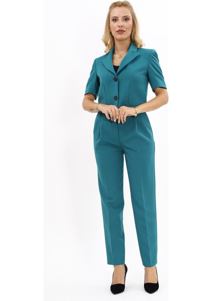 Kısa Kollu Yakasız Mini Ceket & Pileli Boru Paça Pantolon Takım-Petrol fiyatları