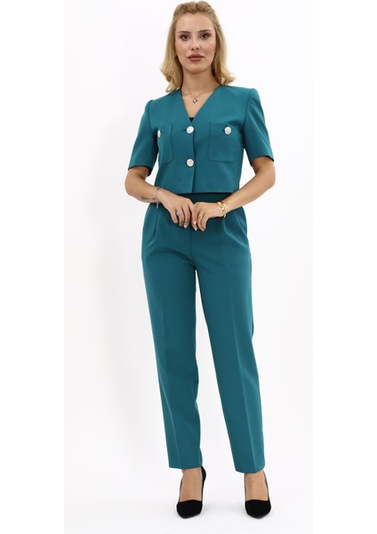 Kısa Kollu Yakasız Mini Ceket & Pileli Boru Paça Pantolon Takım-Petrol modelleri