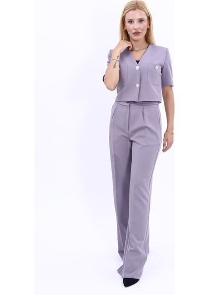 Kısa Kollu Yakasız Mini Ceket & Yüksek Bel Bol Paça Pantolon Takım-Antrasit