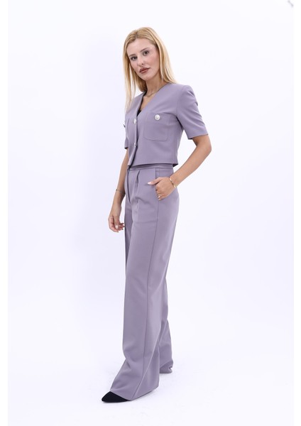 Kısa Kollu Yakasız Mini Ceket & Yüksek Bel Bol Paça Pantolon Takım-Antrasit fiyatları