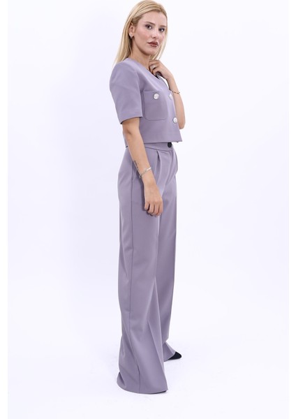 Kısa Kollu Yakasız Mini Ceket & Yüksek Bel Bol Paça Pantolon Takım-Antrasit modelleri