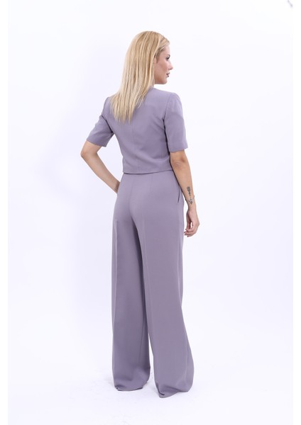 Kısa Kollu Yakasız Mini Ceket & Yüksek Bel Bol Paça Pantolon Takım-Antrasit fırsatları