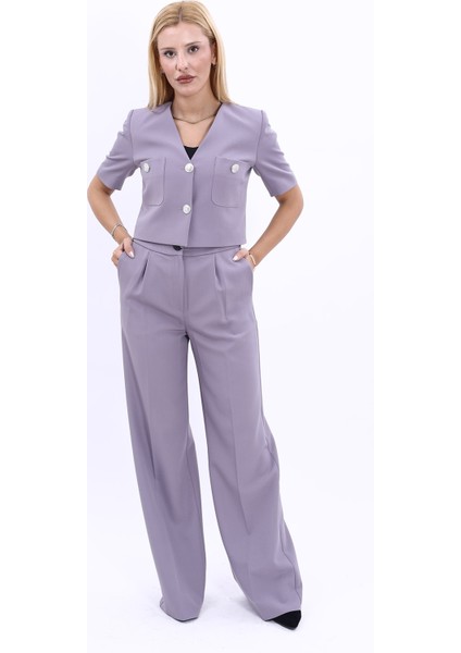 Kısa Kollu Yakasız Mini Ceket & Yüksek Bel Bol Paça Pantolon Takım-Antrasit indirimleri