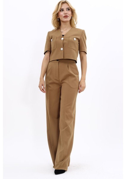 V Yaka Kısa Ceket & Korsaj Kemer Palazzo Pantolon-Camel