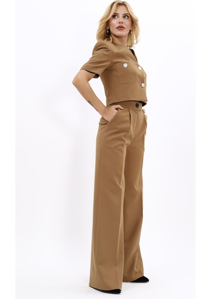V Yaka Kısa Ceket & Korsaj Kemer Palazzo Pantolon-Camel modelleri