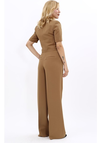 V Yaka Kısa Ceket & Korsaj Kemer Palazzo Pantolon-Camel fırsatları