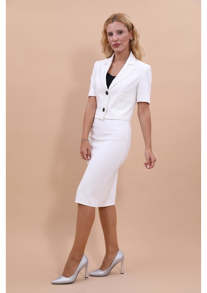 Kısa Kollu Yakasız Mini Ceket & Kalem Etek Takım-Beyaz