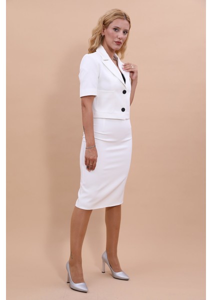 Kısa Kollu Yakasız Mini Ceket & Kalem Etek Takım-Beyaz fiyatları