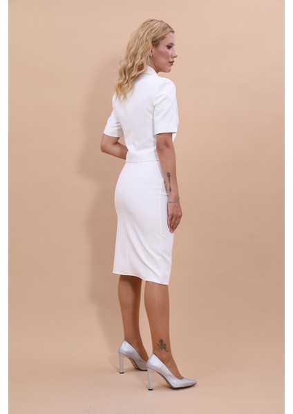 Kısa Kollu Yakasız Mini Ceket & Kalem Etek Takım-Beyaz modelleri