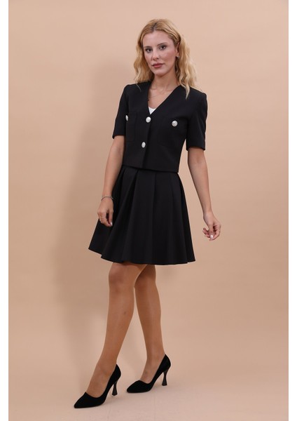 V Yaka Kısa Ceket & Kısa Kloş Etek-Siyah