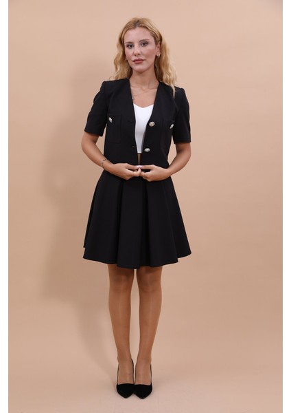 V Yaka Kısa Ceket & Kısa Kloş Etek-Siyah fiyatları