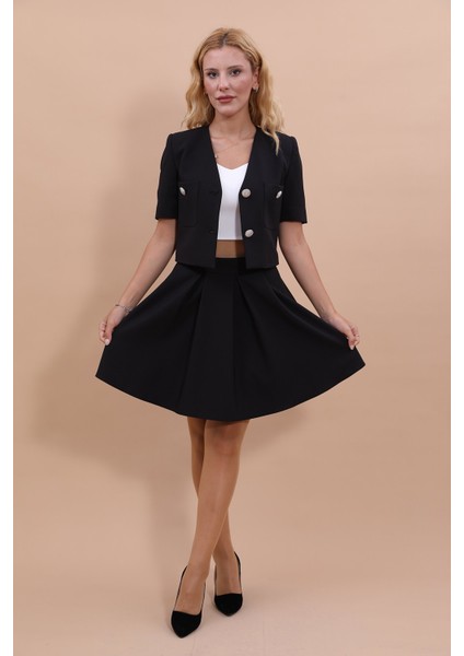 V Yaka Kısa Ceket & Kısa Kloş Etek-Siyah fırsatları