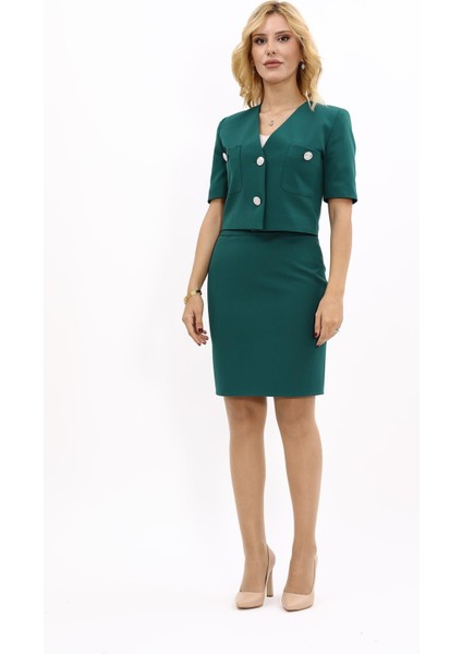 V Yaka Kısa Ceket & Yırtmaçlı Düz Dar Etek-Zümrüt indirimleri