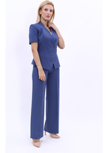 Hakim Yaka Yandan Tokalı Çapraz Ceket & Bol Paça Pantolon-İndigo fiyatları