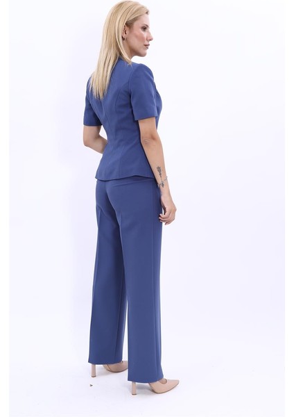 Hakim Yaka Yandan Tokalı Çapraz Ceket & Bol Paça Pantolon-İndigo modelleri