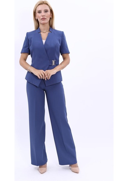 Hakim Yaka Yandan Tokalı Çapraz Ceket & Bol Paça Pantolon-İndigo fırsatları