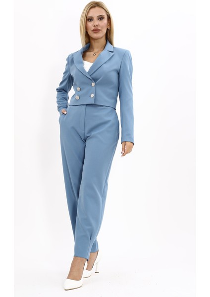 Mini Blazer Ceket & Yüksek Bel Bol Paça Pantolon Takım-Deniz
