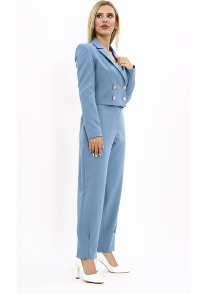 Mini Blazer Ceket & Yüksek Bel Bol Paça Pantolon Takım-Deniz modelleri