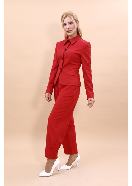 Gömlek Yaka Klasik Ceket & Paçası Pileli Pantolon-Kırmızı