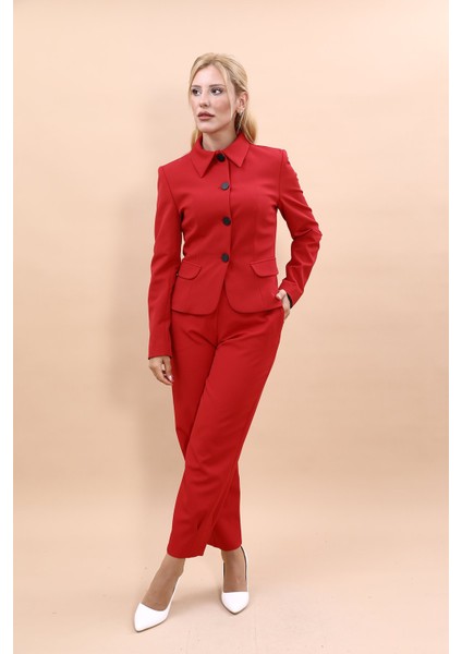 Gömlek Yaka Klasik Ceket & Paçası Pileli Pantolon-Kırmızı fırsatları