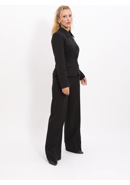 Gömlek Yaka Klasik Ceket & Korsaj Kemer Palazzo Pantolon-Siyah fiyatları