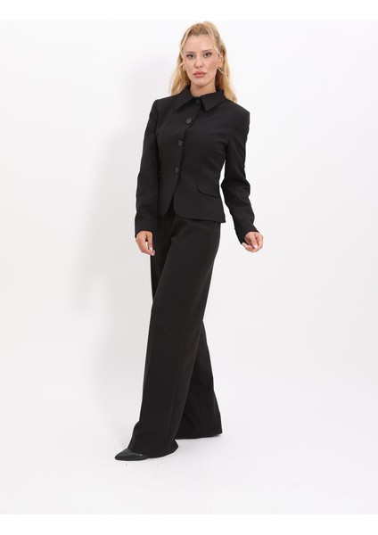 Gömlek Yaka Klasik Ceket & Korsaj Kemer Palazzo Pantolon-Siyah fırsatları