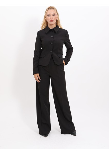 Gömlek Yaka Klasik Ceket & Korsaj Kemer Palazzo Pantolon-Siyah indirimleri