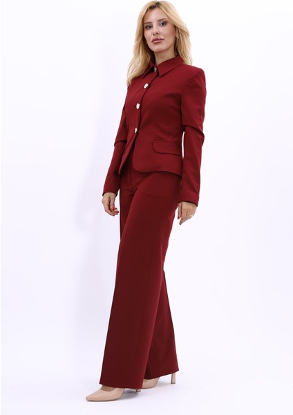 Gömlek Yaka Klasik Ceket & Korsaj Kemer Palazzo Pantolon-Bordo