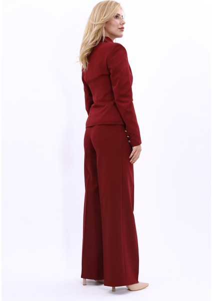 Gömlek Yaka Klasik Ceket & Korsaj Kemer Palazzo Pantolon-Bordo modelleri