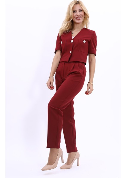 Kısa Kollu Yakasız Mini Ceket & Pileli Boru Paça Pantolon Takım-Bordo