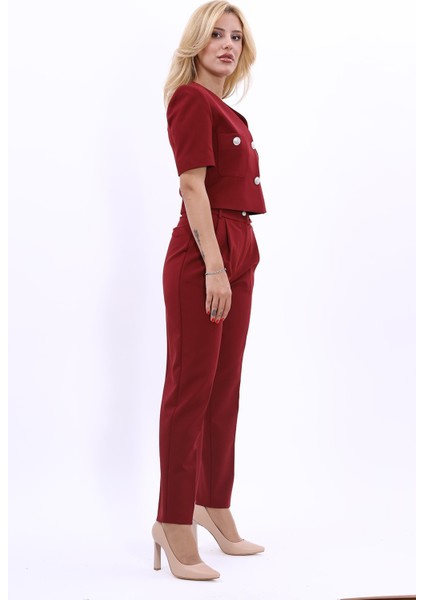 Kısa Kollu Yakasız Mini Ceket & Pileli Boru Paça Pantolon Takım-Bordo modelleri