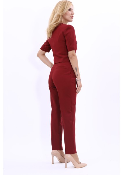 Kısa Kollu Yakasız Mini Ceket & Pileli Boru Paça Pantolon Takım-Bordo fırsatları