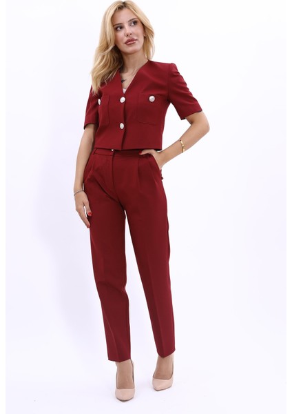 Kısa Kollu Yakasız Mini Ceket & Pileli Boru Paça Pantolon Takım-Bordo indirimleri