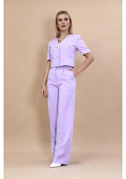 Kısa Kollu Yakasız Mini Ceket & Yüksek Bel Bol Paça Pantolon Takım-Menekşe