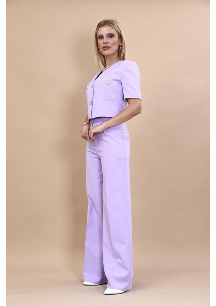 Kısa Kollu Yakasız Mini Ceket & Yüksek Bel Bol Paça Pantolon Takım-Menekşe fiyatları