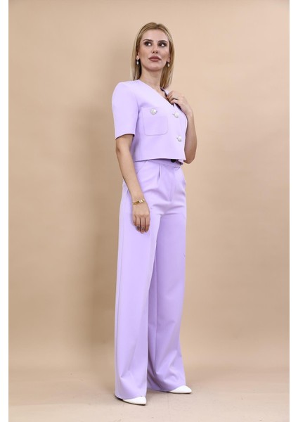 Kısa Kollu Yakasız Mini Ceket & Yüksek Bel Bol Paça Pantolon Takım-Menekşe modelleri