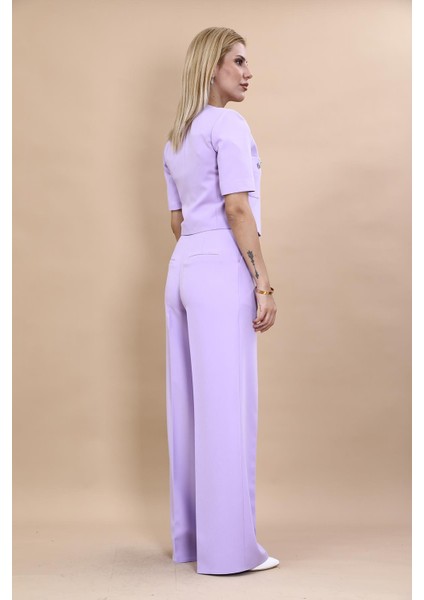 Kısa Kollu Yakasız Mini Ceket & Yüksek Bel Bol Paça Pantolon Takım-Menekşe fırsatları