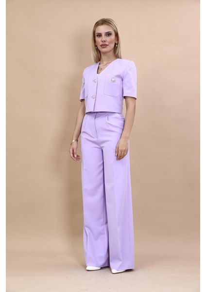 Kısa Kollu Yakasız Mini Ceket & Yüksek Bel Bol Paça Pantolon Takım-Menekşe indirimleri