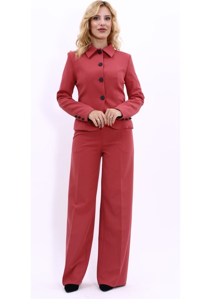 Gömlek Yaka Klasik Ceket & Korsaj Kemer Palazzo Pantolon-Kiremit