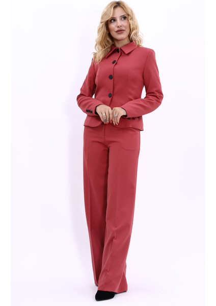 Gömlek Yaka Klasik Ceket & Korsaj Kemer Palazzo Pantolon-Kiremit indirimleri