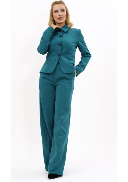 Gömlek Yaka Klasik Ceket & Korsaj Kemer Palazzo Pantolon-Petrol