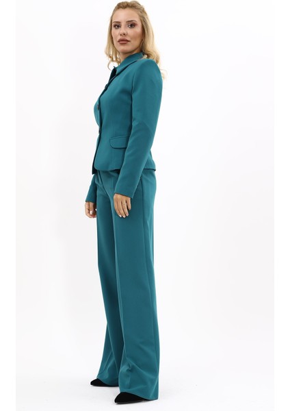 Gömlek Yaka Klasik Ceket & Korsaj Kemer Palazzo Pantolon-Petrol fiyatları