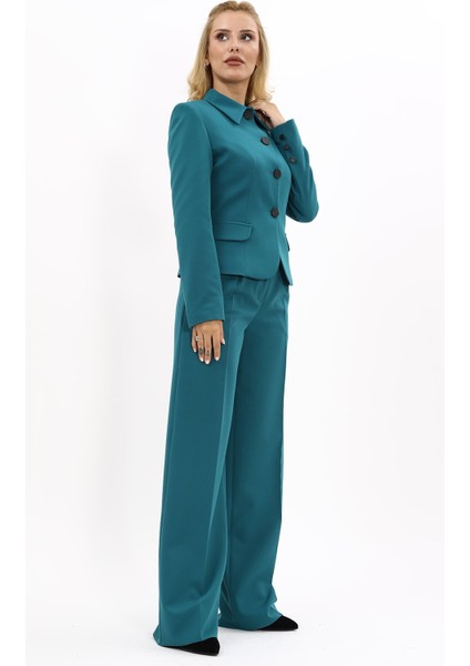 Gömlek Yaka Klasik Ceket & Korsaj Kemer Palazzo Pantolon-Petrol modelleri