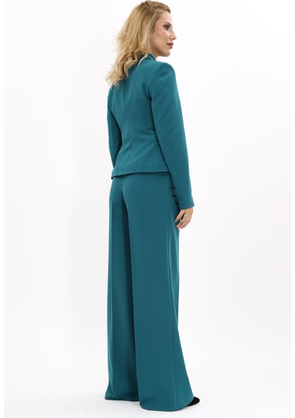 Gömlek Yaka Klasik Ceket & Korsaj Kemer Palazzo Pantolon-Petrol fırsatları