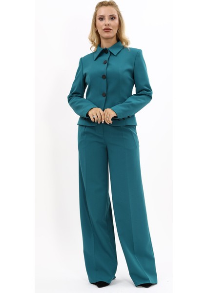 Gömlek Yaka Klasik Ceket & Korsaj Kemer Palazzo Pantolon-Petrol indirimleri