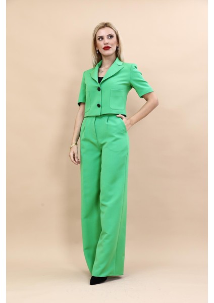 Erkek Yaka Kısa Ceket & Korsaj Kemer Palazzo Pantolon-Yeşil